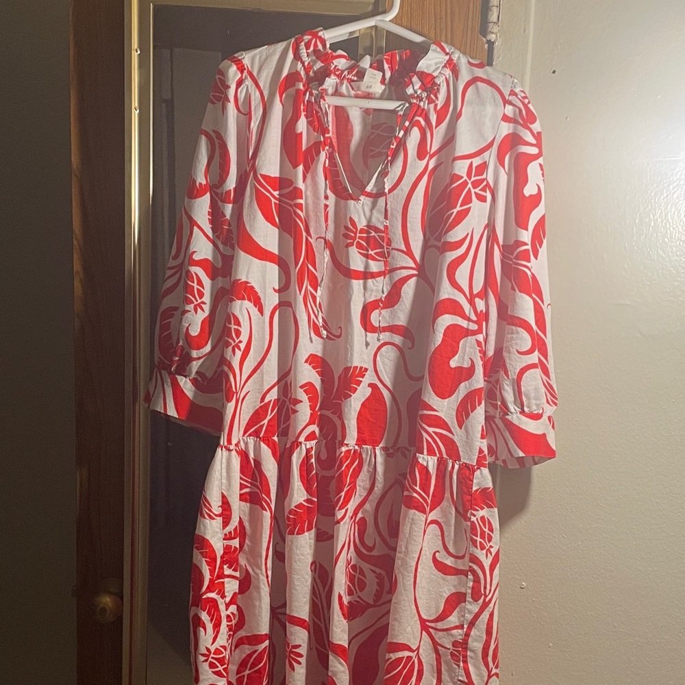 H&M White Midi Dress with Red Floral Print